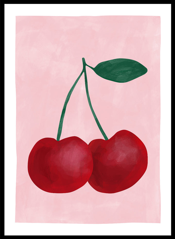 Two red cherries with a green stem on a pink background. Red cherries art print by Elena Ristova featuring two hand-painted cherries with green stems on a soft pink background. Officially licensed minimalist wall poster.