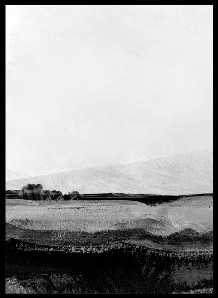 Shop Mono Landscape No.01 by Dan Hobday, a set of 2 black and white landscape wall art prints posters featuring layered hills and moody monochrome gray scenery.