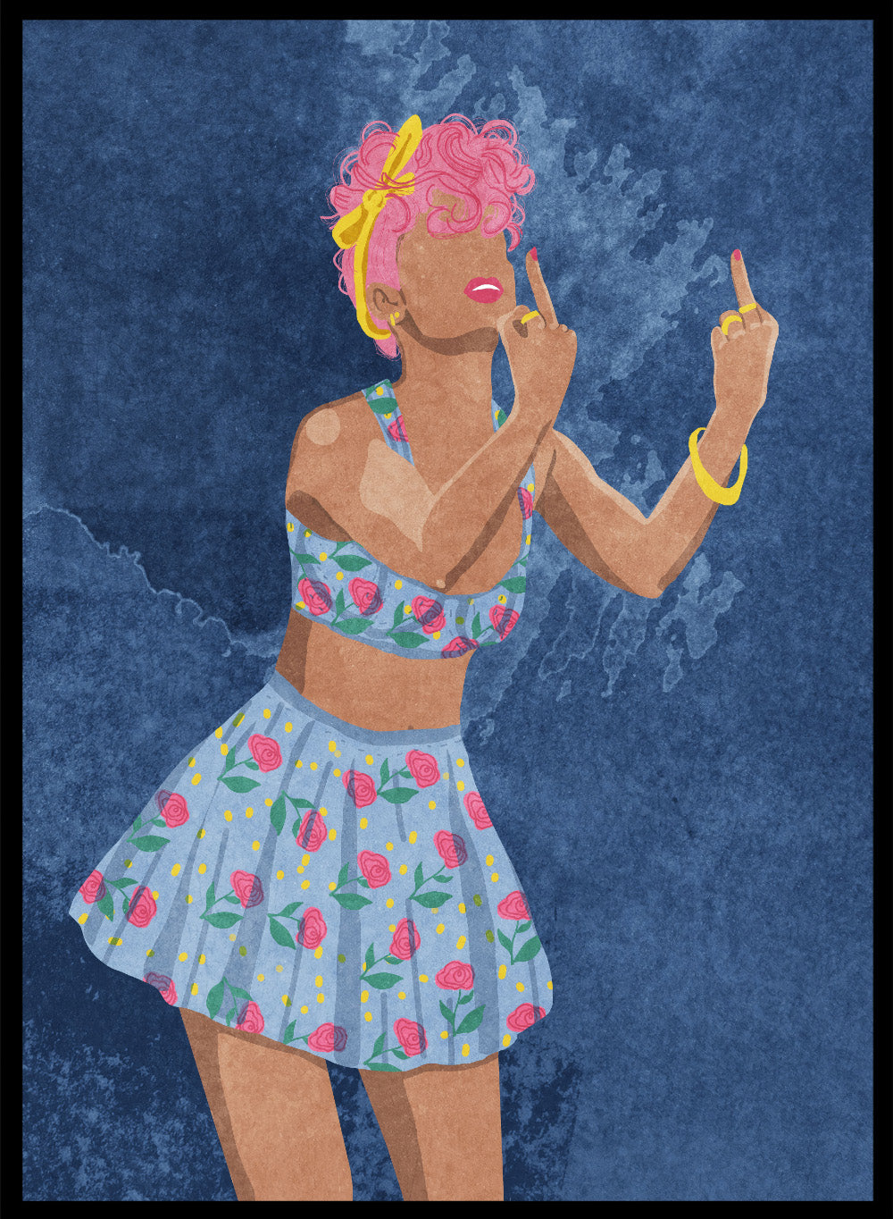 Illustration of a woman in a floral outfit against a blue textured background. Not Your Girl by Raissa Oltmanns is a modern woman portrait art print with a bold middle finger pose, floral outfit illustration, and statement wall poster style.