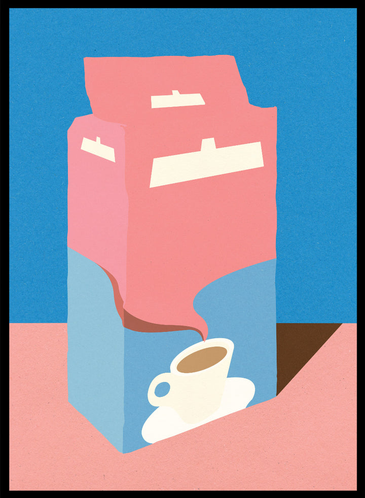 Illustration of a pink milk carton pouring into a white cup on a blue background. Illustration of a pink milk carton pouring into a white cup on a blue background. Crema E Gusto Dolce by Rosi Feist is a minimalist coffee bag kitchen art print with Bauhaus-inspired color. Officially licensed modern poster with framing.