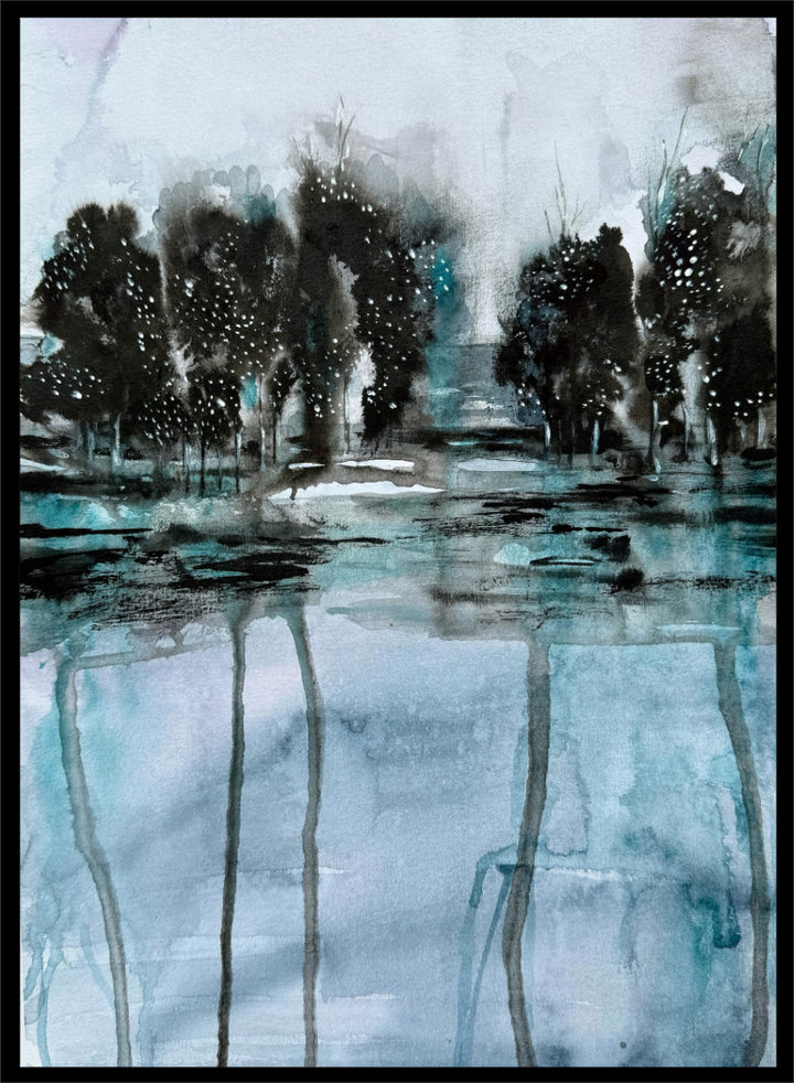 Shop Dark Forest Reflection by Helena Ryhle, a moody watercolor landscape wall art print poster featuring dark trees, reflective water, and deep blue-green tones.