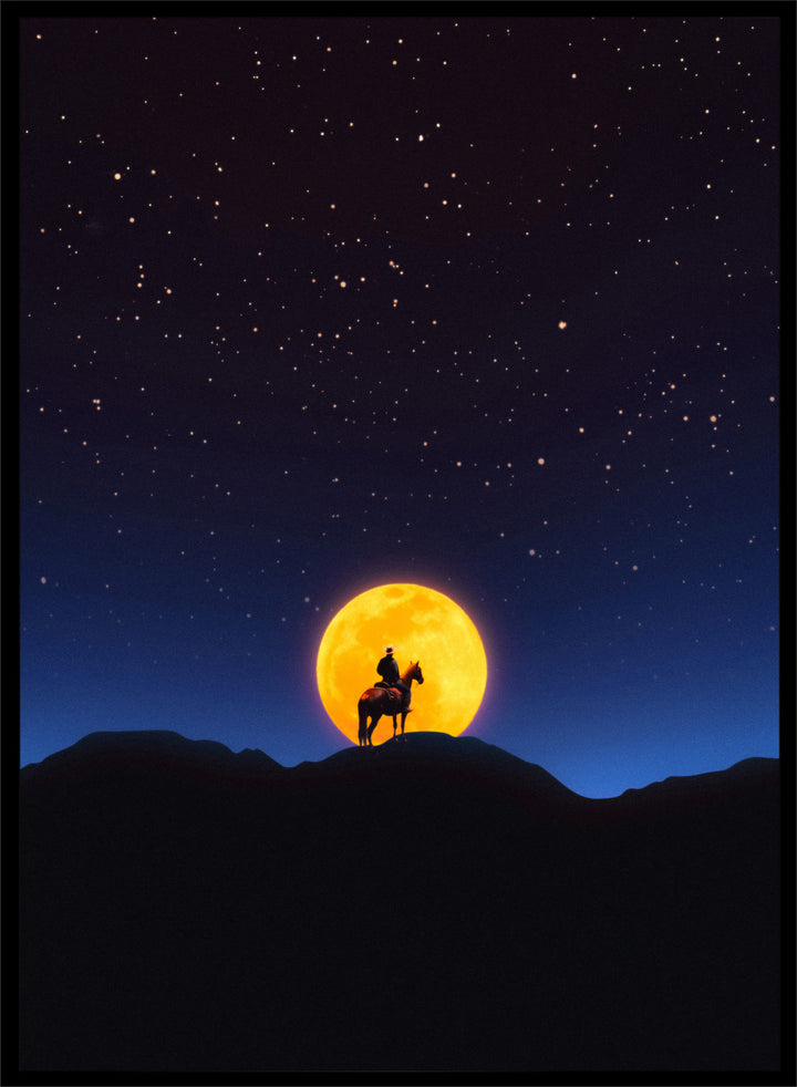 Silhouette of a person on horseback under a large orange moon and starry night sky. The Rider and the Moon by Taudalpoi cowboy moon art print with horse silhouette, starry sky and glowing full moon retro cosmic poster wall art.