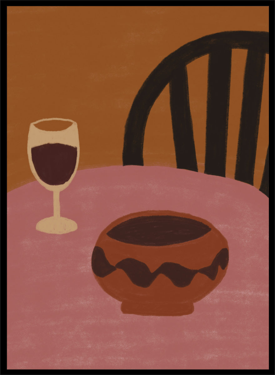 A stylized still life artwork showing a pink table, a dark brown bowl in the foreground, a wine glass with deep red liquid, and a black chair against a warm brown background. Warm Dining Still Life by The Art Concept still life art print featuring red wine, a rounded bowl, pink tabletop, and rich burgundy and rust tones.