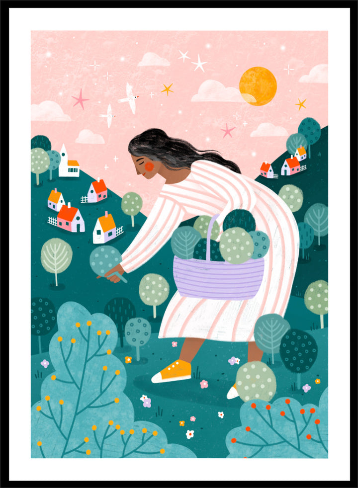 Shop Idyllic Village Gathering by Bea Müller, a figurative wall art print poster featuring a woman in a whimsical village landscape beneath a pink sky.