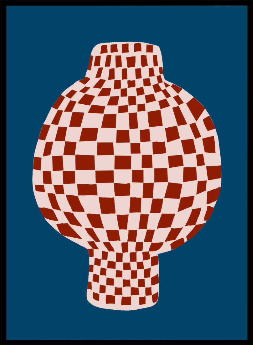 A stylized graphic illustration of a vase with a red and cream checkerboard pattern, set against a dark blue background. Optical Checkered Vase by The Art Concept is a modern still life art print featuring a red checkered vase on a deep blue background in a bold graphic style.