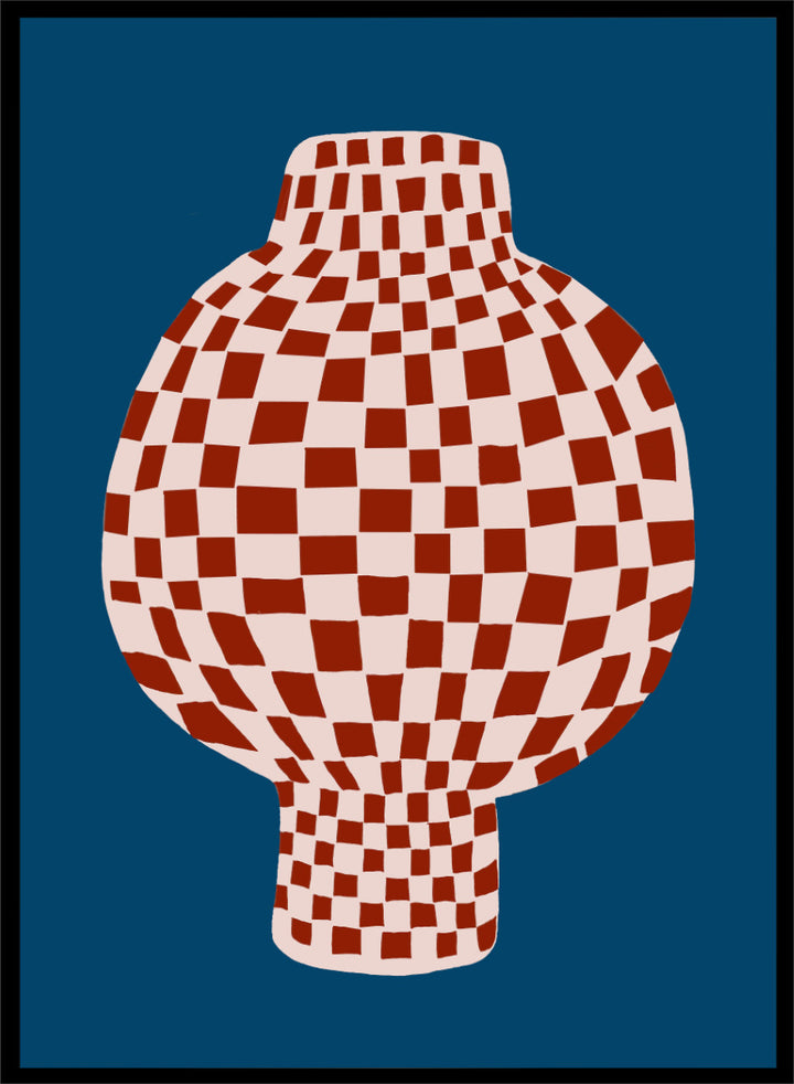A stylized graphic illustration of a vase with a red and cream checkerboard pattern, set against a dark blue background. Optical Checkered Vase by The Art Concept is a modern still life art print featuring a red checkered vase on a deep blue background in a bold graphic style.