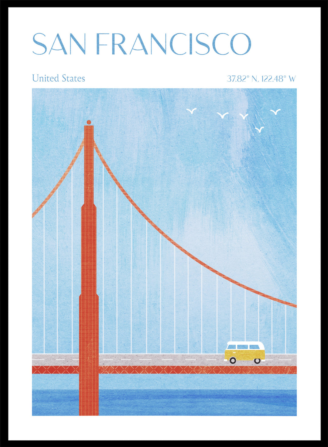 Illustration of the Golden Gate Bridge with a van and birds in San Francisco, United States. Golden Gate San Francisco by Longwayhome is a minimalist travel art print featuring the Golden Gate Bridge, coastal California scenery, and modern mid century inspired design.