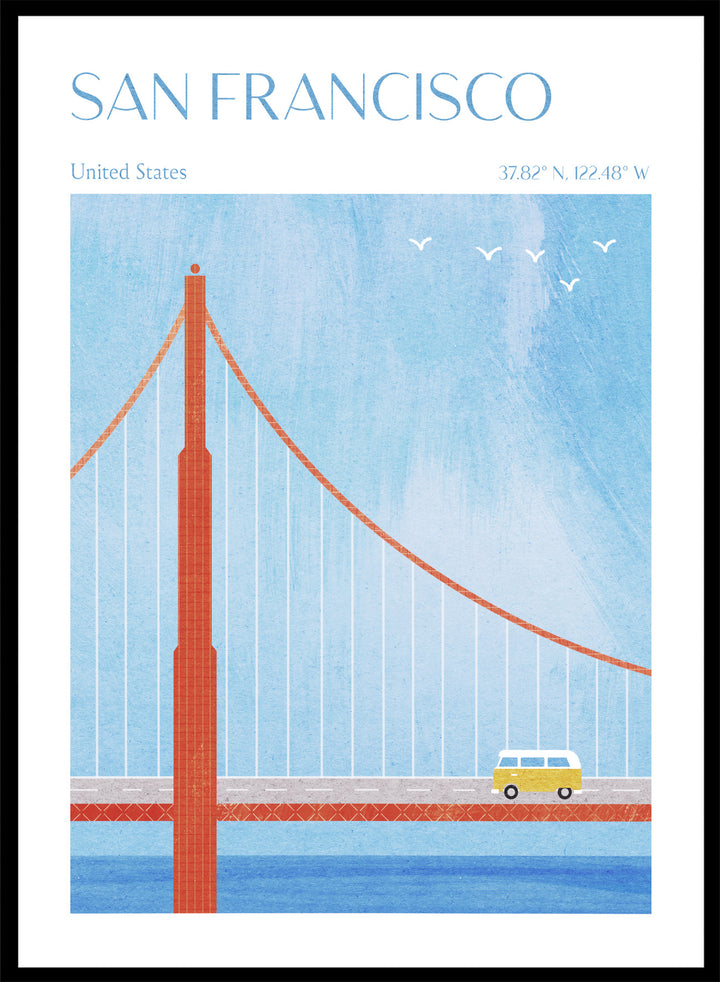 Illustration of the Golden Gate Bridge with a van and birds in San Francisco, United States. Golden Gate San Francisco by Longwayhome is a minimalist travel art print featuring the Golden Gate Bridge, coastal California scenery, and modern mid century inspired design.