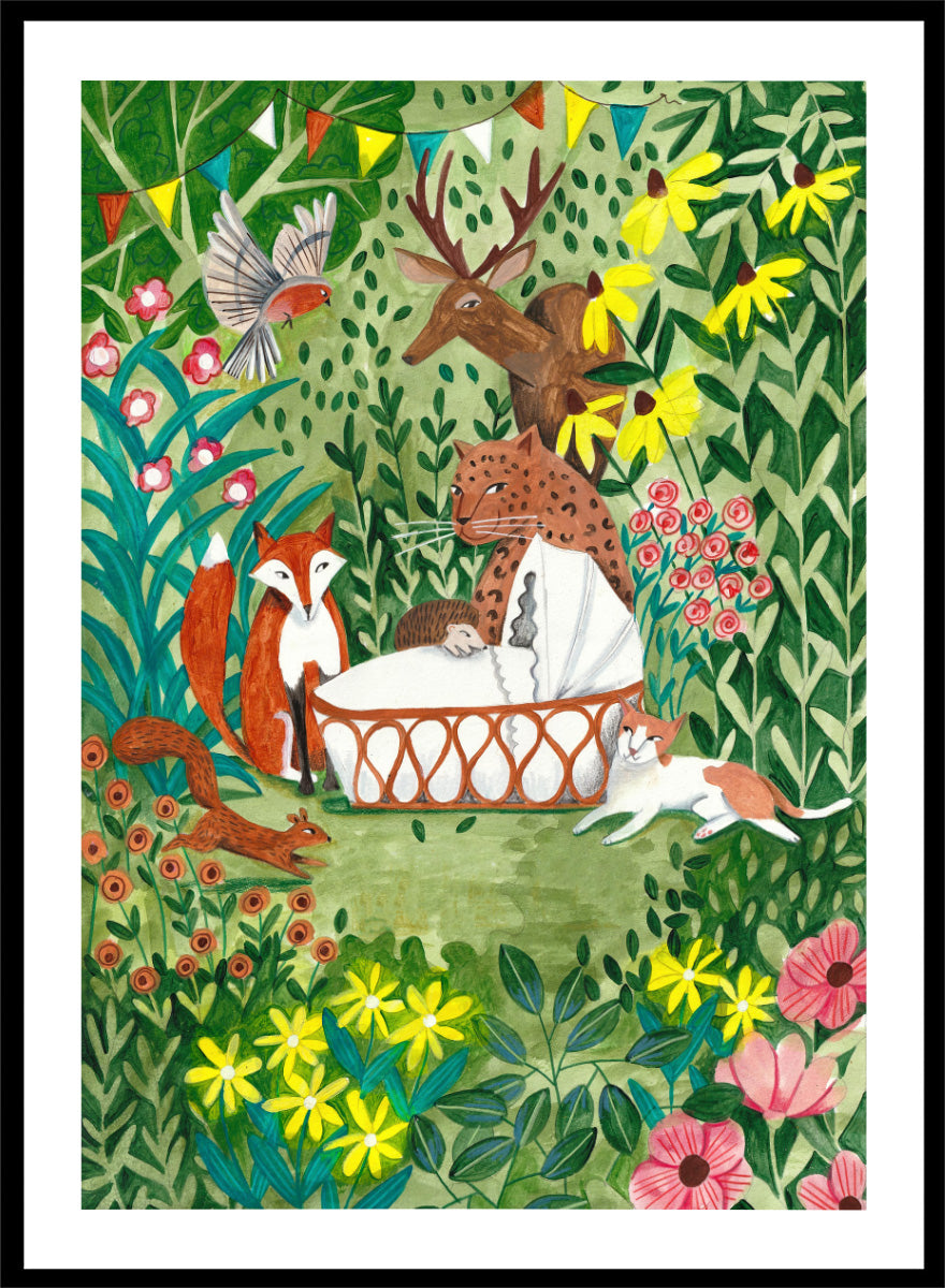 A framed art print featuring a whimsical forest illustration with animals gathered around a basket, surrounded by flowers and foliage. The print is shown with a white mat and a black frame against a white background. Welcome to the Forest by Caroline Bonne Müller woodland animal art print featuring a baby surrounded by a leopard, fox, deer, cat, flowers, and forest life.