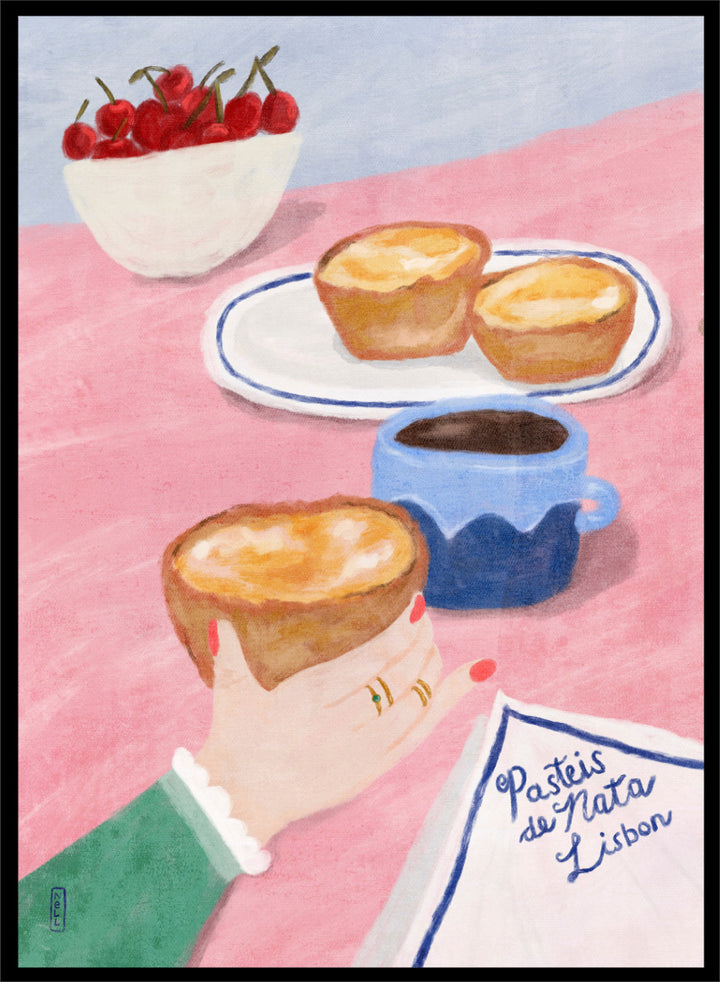 A stylized illustrated scene showing a hand holding a pastry, with two pastries on a plate, a cup of coffee, a bowl of cherries, and a napkin reading &
