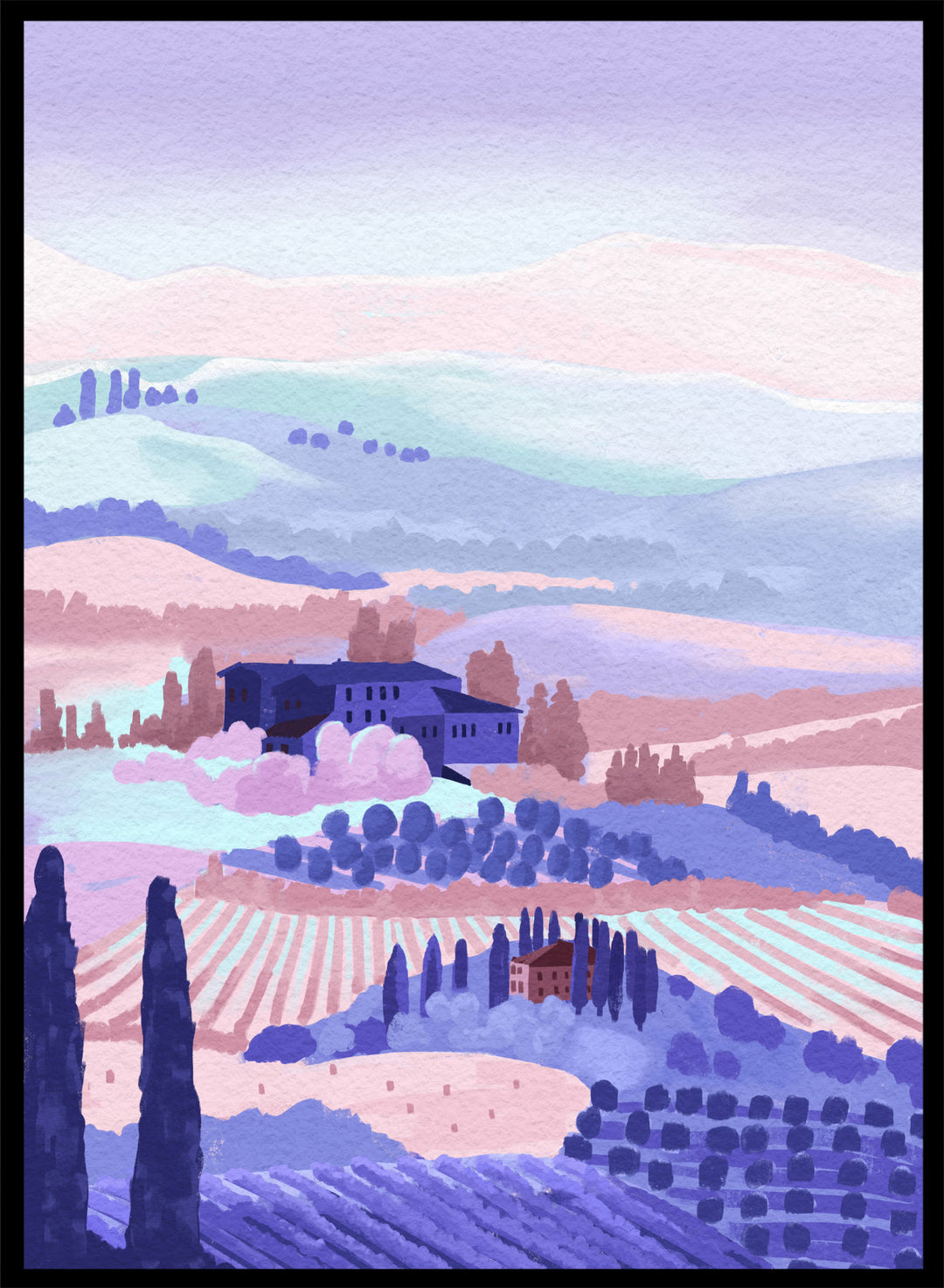 Painting of a landscape with rolling hills, buildings, and cypress trees in pastel colors. Tuscany by Goed Blauw is a landscape art print and wall poster featuring rolling hills, fields, and countryside homes in soft pastel tones.