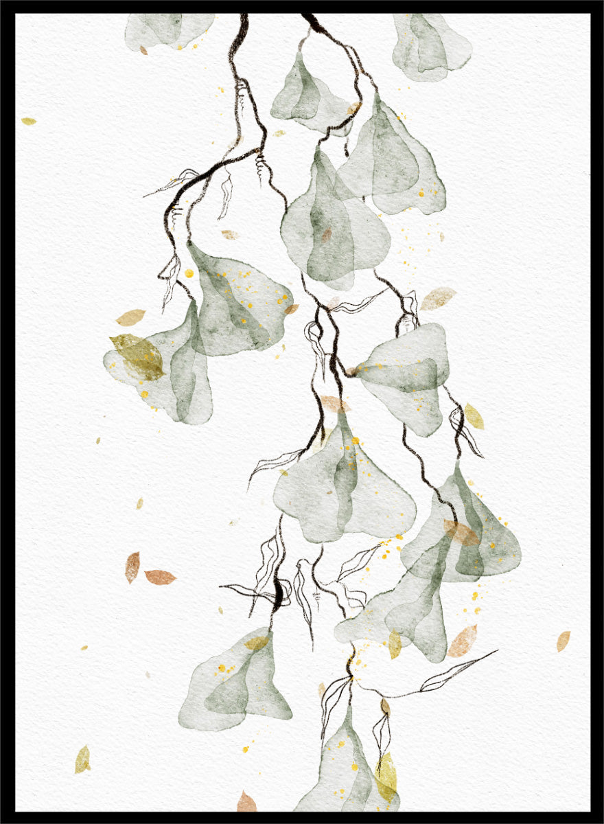 Shop Soft Green Botanicals by Ankie Kooi, a modern botanical wall art print poster with watercolor leaves, minimalist line art, soft green, yellow, and cream.