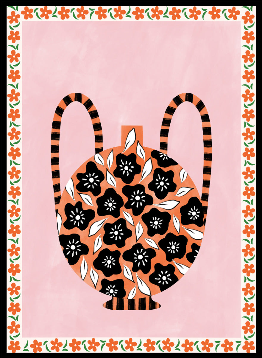 Shop Orange Floral Vase by Elena Ristova, a colorful floral wall art print poster featuring black flowers, striped handles, pink, orange, green, and folk-inspired details.