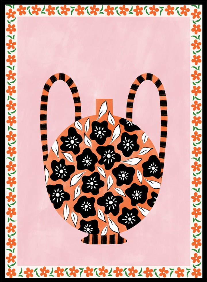 Shop Orange Floral Vase by Elena Ristova, a colorful floral wall art print poster featuring black flowers, striped handles, pink, orange, green, and folk-inspired details.