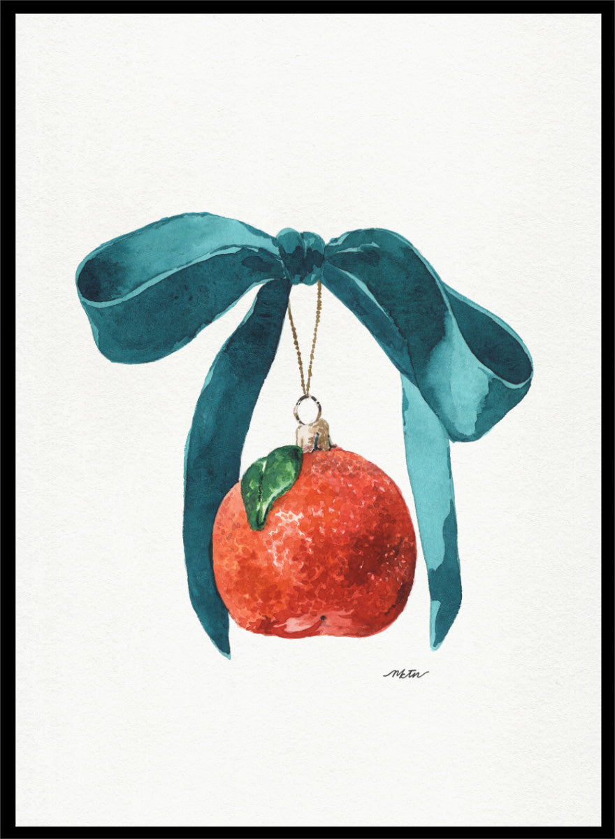 Shop Festive Tangerine Ornament by NKTN, a playful Christmas wall art print poster featuring a bright tangerine, oversized teal bow, and watercolor holiday style.