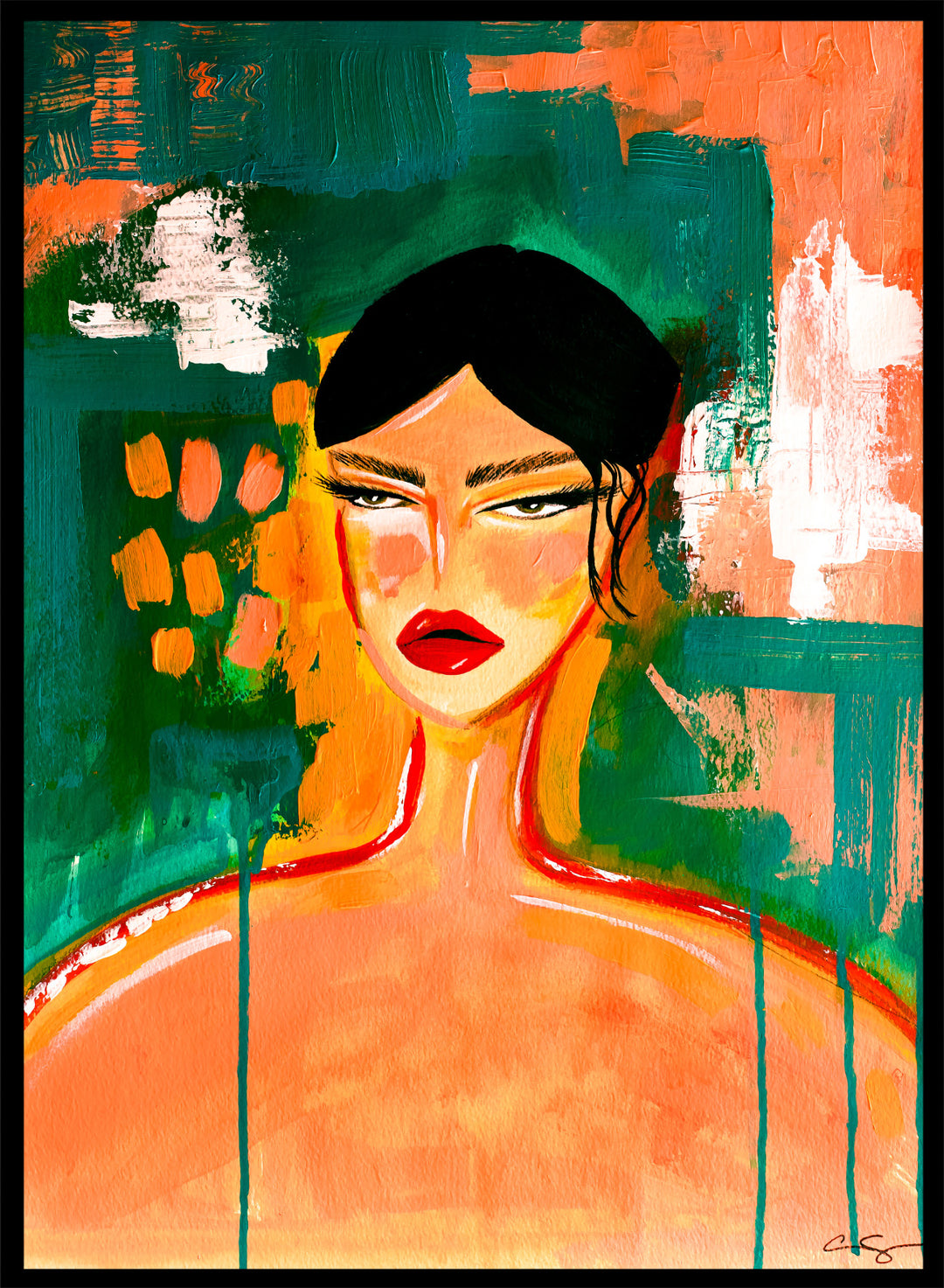 Abstract painting of a woman's face with bold colors and textures. Bold Abstract Woman by Amy Straley is a contemporary figurative art print featuring expressive portraiture, abstract brushwork, and vibrant modern color.
