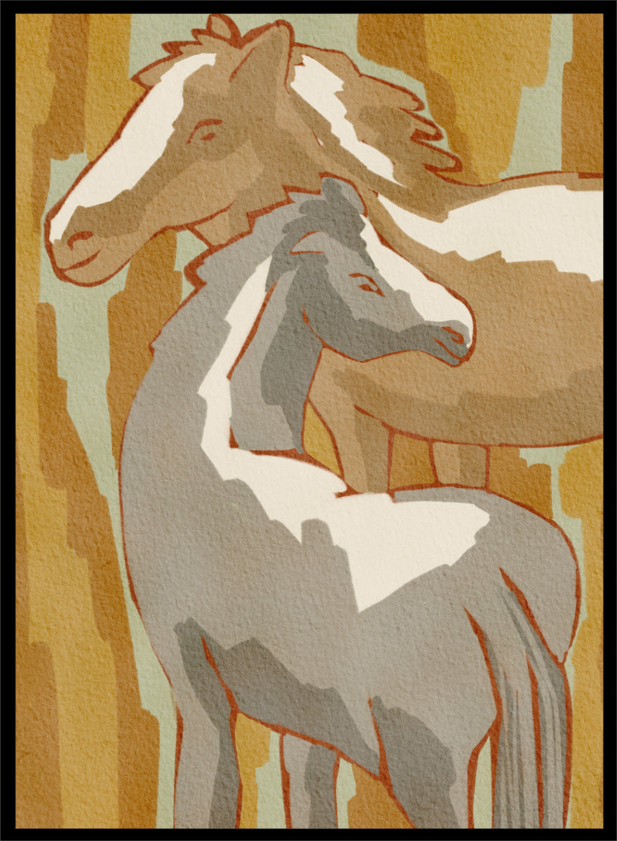 Shop Calm Horse Family by Nikita Jariwala, a modern horse wall art print featuring two horses in soft abstract shapes with warm ochre, cream, gray, and beige tones.