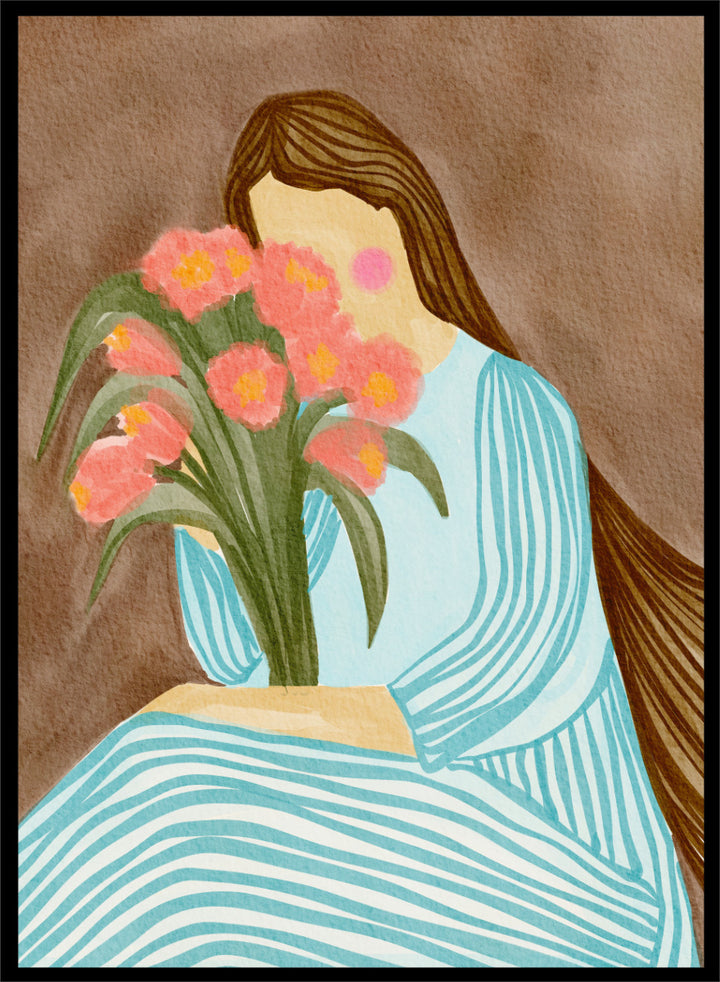 A stylized art print depicting a woman with long brown hair in a light blue striped dress holding a bouquet of pink tulips, set against a textured brown background. Shy Woman Pink Tulips by Nikita Jariwala, a figurative wall art print poster with pink tulips, blue dress illustration, and romantic floral decor.