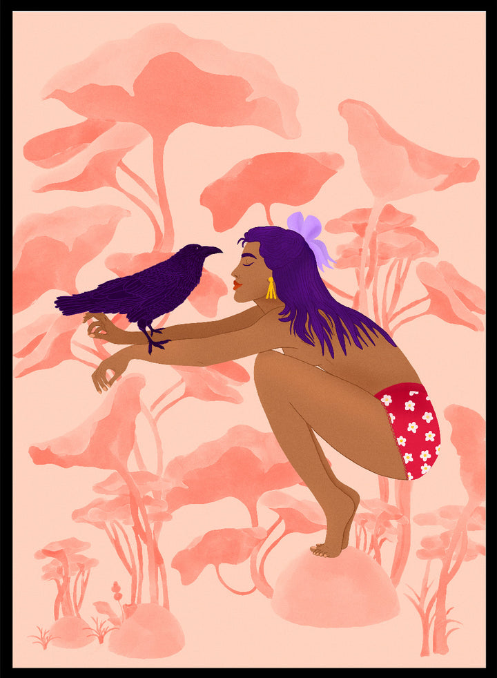 Illustration of a woman with a bird on a pink floral background. Raven by Jota de Jai is a modern pink wall art print of a woman with a purple raven, available as a premium fine art poster with optional wood framing.