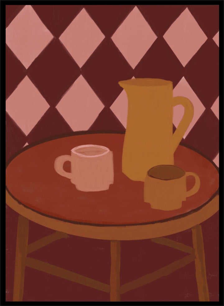 A stylized illustration of a round wooden table with a pink mug, a yellow pitcher, and a small cup against a dark red and pink diamond-patterned background. Retro Coffee Time by The Art Concept warm art print featuring mugs, a pitcher, and a café table in soft retro tones and a diamond pattern background.
