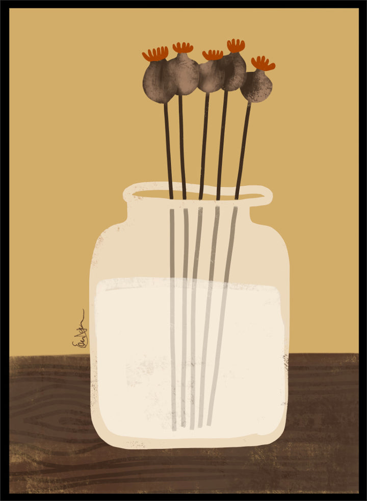 A stylized art print depicting a white glass jar filled with water, holding four dried poppy pods with orange tops, set against a warm tan background and a dark brown wooden surface. Shop Dried Poppy Pods Vase by Elsa Nätterdal, a botanical still life art print featuring dried poppy pods, a cream vase, and warm autumn tones.