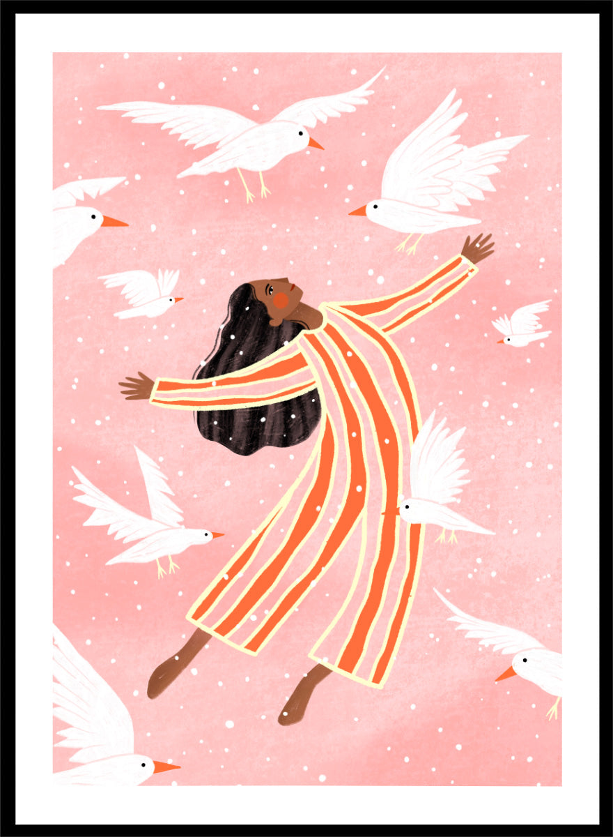 A framed art print featuring an illustration of a woman in orange and white striped pajamas floating among white doves on a soft pink background. Joyful Liberation by Bea Müller woman art print featuring a free-spirited figure surrounded by white birds in bold pink and orange tones.
