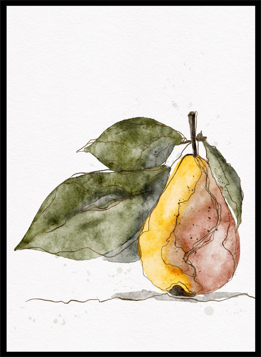 Watercolor painting of a pear with green leaves on a white background. Shop Earthy Pear Watercolor by Ankie Kooi, a botanical fruit wall art print poster featuring watercolor pear art, kitchen decor, green leaves, yellow, and pink.