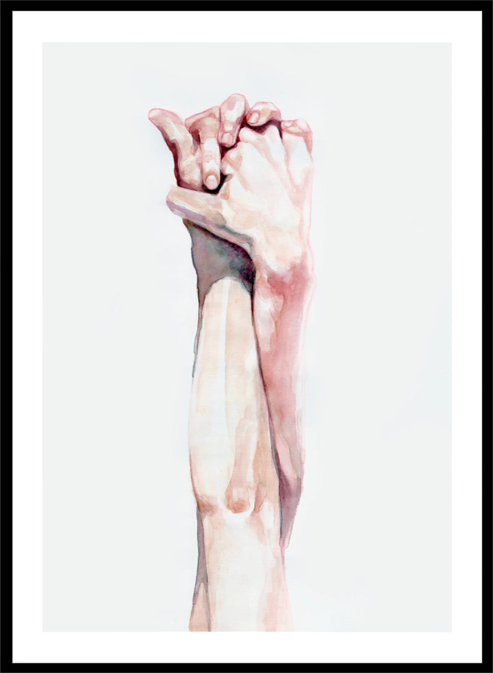 Shop Tender Hand Embrace by Sophia Novosel, a soft figurative wall art print poster featuring two hands intertwined in pink, peach, and cream watercolor tones.