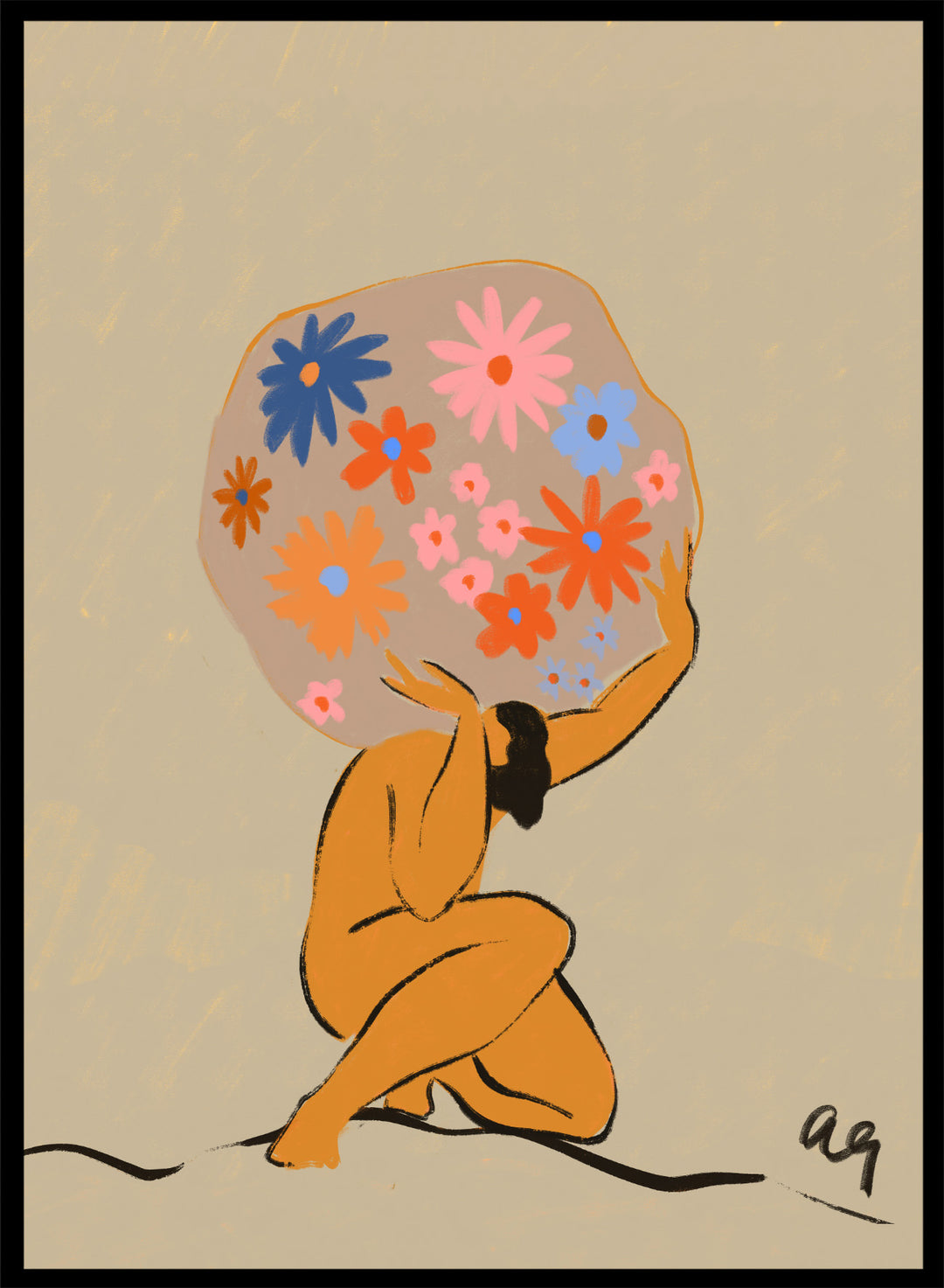 Surreal artwork of a figure holding a globe filled with colorful flowers on a beige background. World On Her Shoulders by Arty Guava is a colorful contemporary art print featuring a floral globe, expressive female figure, empowerment, and modern illustration.