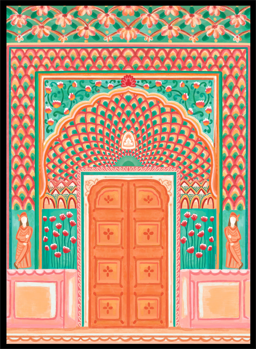 A colorful traditional Indian-style architectural artwork depicting an ornate arched doorway with a peach-orange double door, teal and pink patterned walls, floral motifs, and small statue figures on either side. Shop Vibrant Indian Archway by Nidhi Kachhadiya, a colorful Indian wall art print featuring an ornate archway, floral details, and coral pink tones.