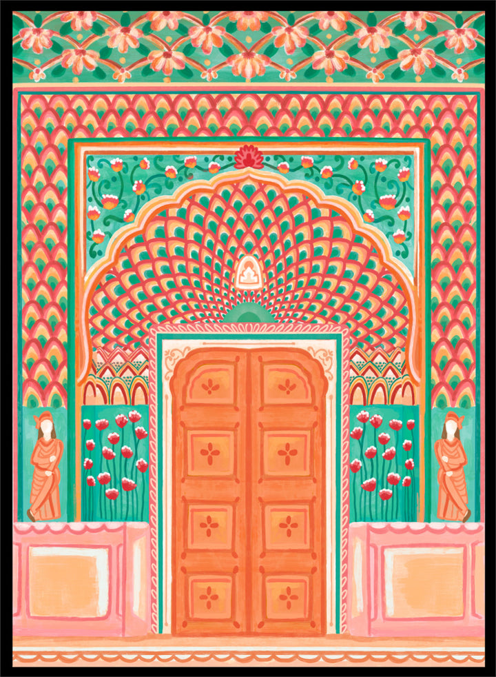 A colorful traditional Indian-style architectural artwork depicting an ornate arched doorway with a peach-orange double door, teal and pink patterned walls, floral motifs, and small statue figures on either side. Shop Vibrant Indian Archway by Nidhi Kachhadiya, a colorful Indian wall art print featuring an ornate archway, floral details, and coral pink tones.
