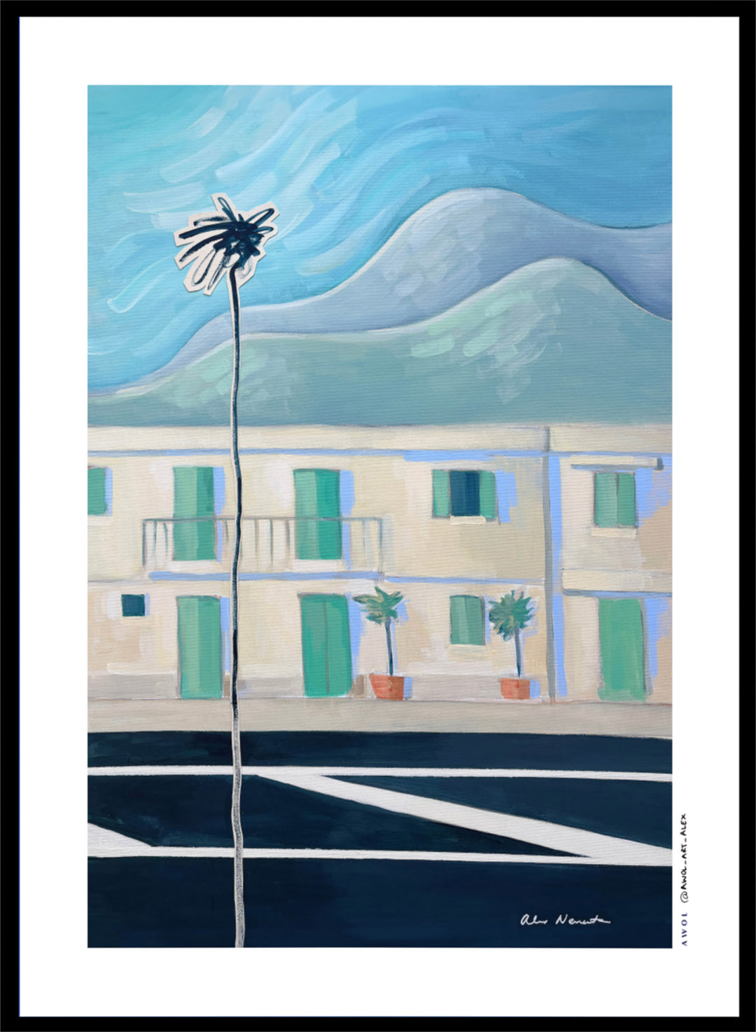 Alpes Maritimes With Palm Tree by Awol Art Alex is a modern French Riviera art print featuring a tall palm, mountain views, pastel buildings, and coastal color.