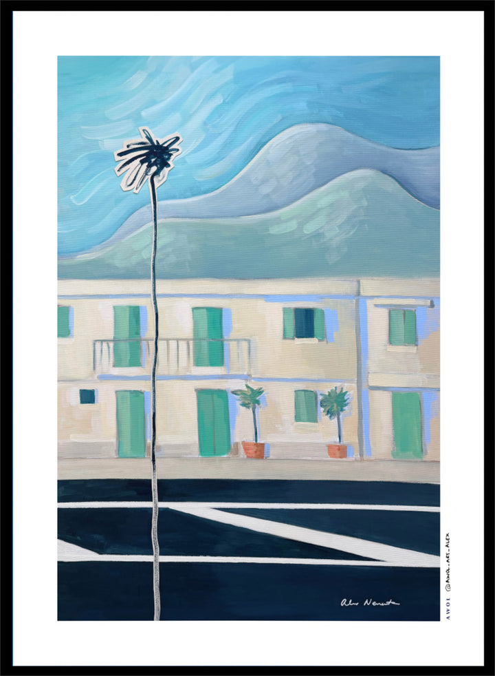 Alpes Maritimes With Palm Tree by Awol Art Alex is a modern French Riviera art print featuring a tall palm, mountain views, pastel buildings, and coastal color.