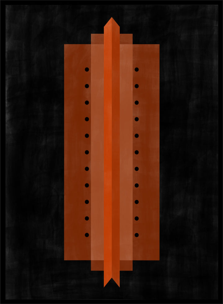 Shop Orange Art Deco Structure by Elena Ristova, a modern abstract wall art print poster featuring bold orange geometry, black dots, and strong symmetry.