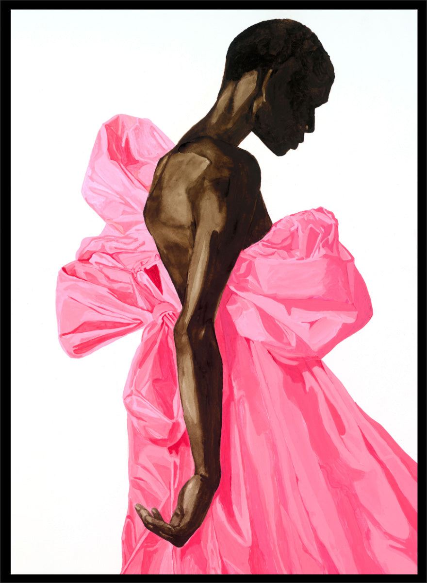 Shop Vibrant Pink Bow Dress by Sophia Novosel, a modern fashion wall art print poster featuring a woman in a dramatic pink dress with oversized bows.