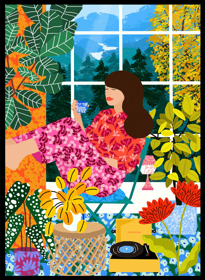 Illustration of a woman sitting by a window with a cup, surrounded by plants and flowers. Listening To the Sound of Nature by Rafaela Mascaro fine art print featuring woman by window, botanical interior, colorful plants, modern contemporary wall art poster.