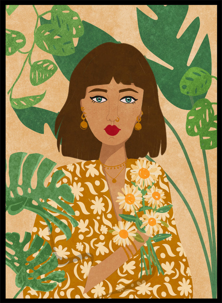 Illustration of a woman holding flowers with green leaves in the background. Plant Lady by Raissa Oltmanns fine art print featuring modern botanical woman portrait with daisies and green leaves, contemporary wall art poster.