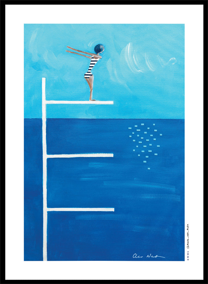 Ready to Dive by Awol Art Alex is a playful modern art print featuring a striped swimmer, tall diving board, vivid blue water, and retro summer style.