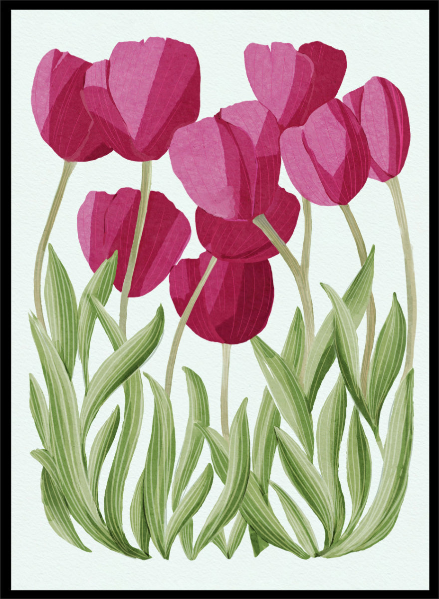 A stylized floral illustration of pink tulips with green leaves on a white background. Shop Tulips Floral Art Print by Katie O&