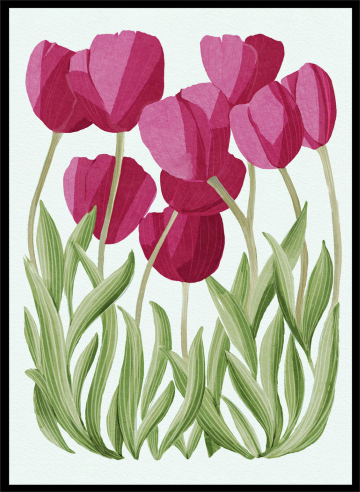 A stylized floral illustration of pink tulips with green leaves on a white background. Shop Tulips Floral Art Print by Katie O&