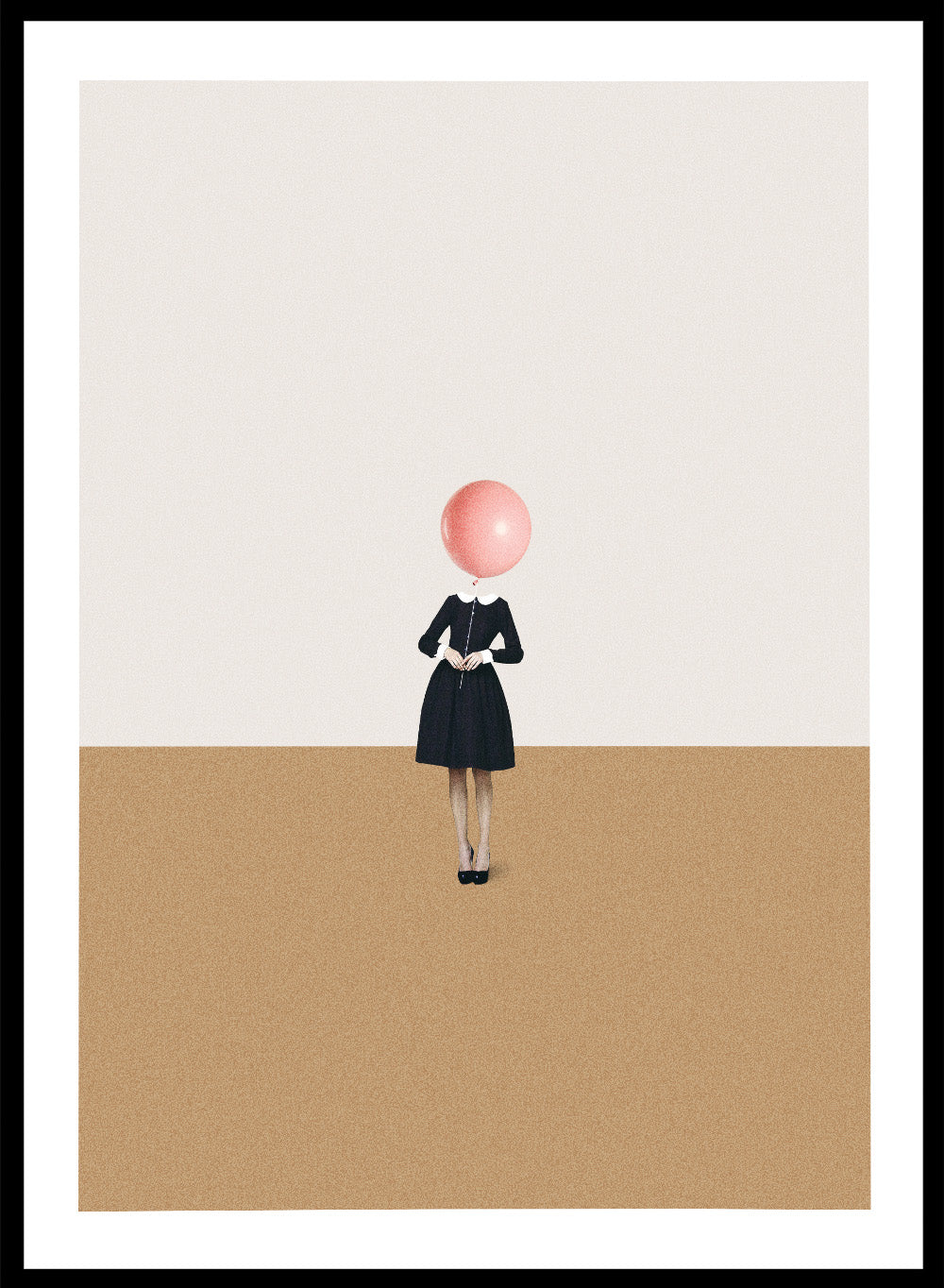 Obvious Imperfections by Maarten Léon is a minimalist collage art print featuring a woman with a balloon head in a clean, surreal composition.