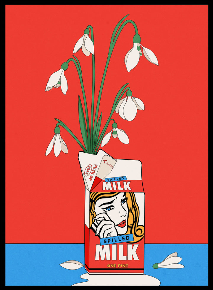 A stylized pop-art illustration of a milk carton with a woman&