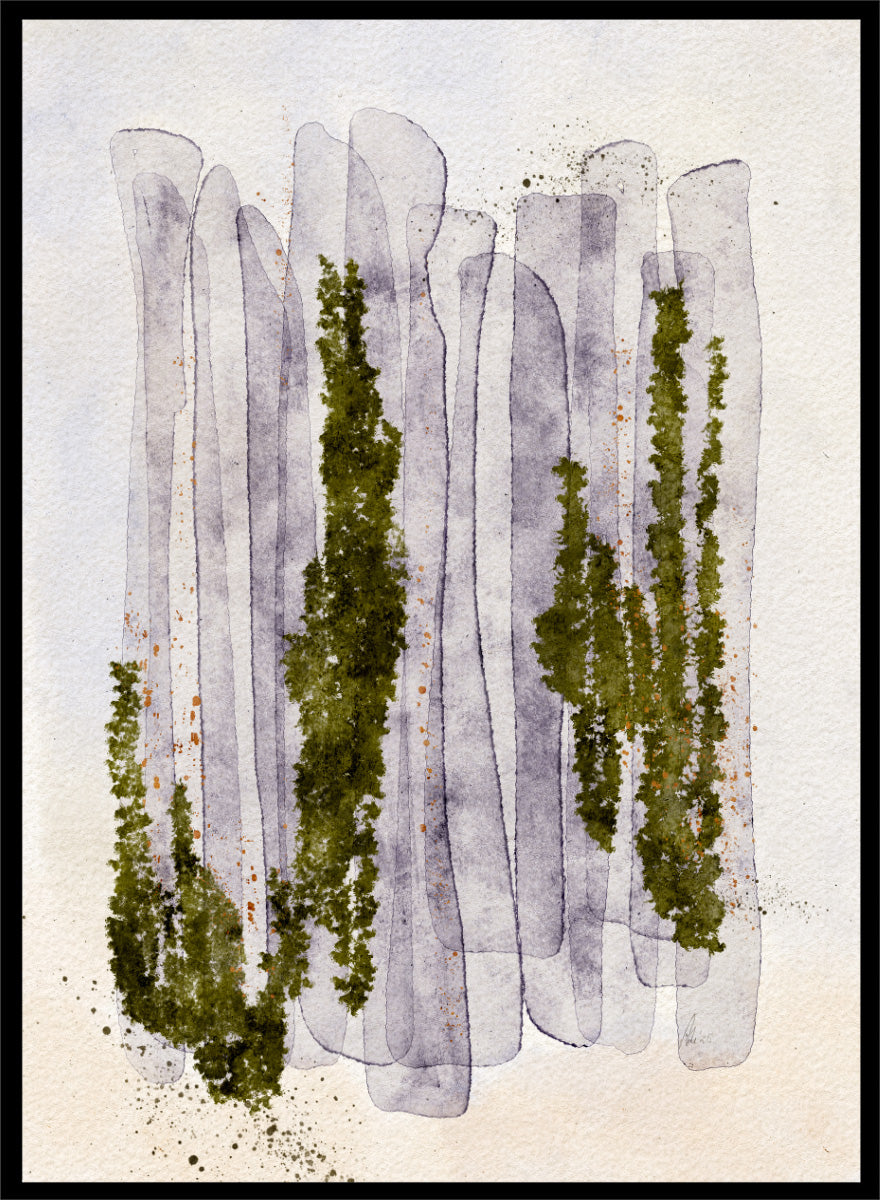 Shop Mossy Forest Abstract by Ankie Kooi, an abstract forest wall art print poster with watercolor trees, woodland art, green, purple, and cream.