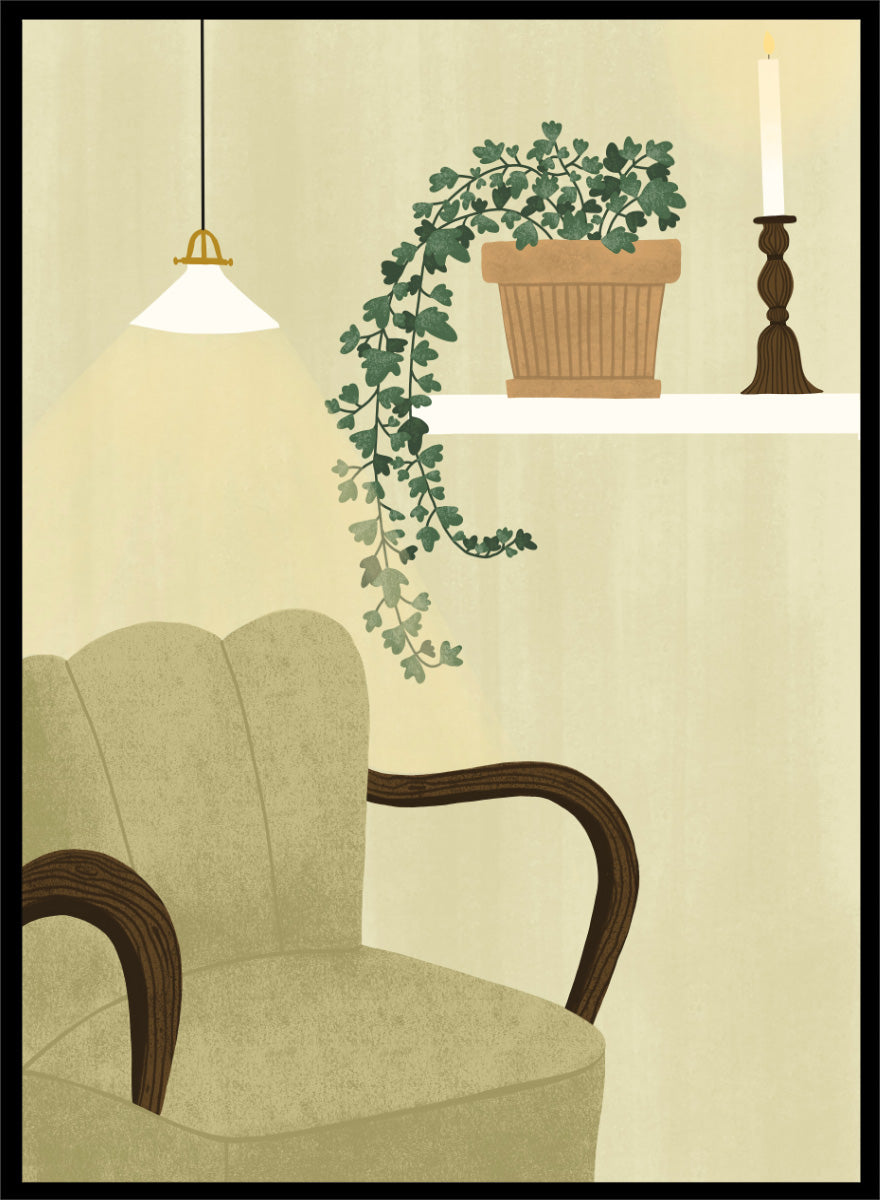 A framed art print featuring a cozy interior scene with a beige armchair, a hanging pendant light, a shelf with a potted trailing green plant and a candlestick, and a cream-colored wall background. Shop Cozy Indoor Retreat by Elsa Nätterdal, a modern interior art print featuring a cozy armchair, trailing houseplant, candlelight, and warm neutral tones.