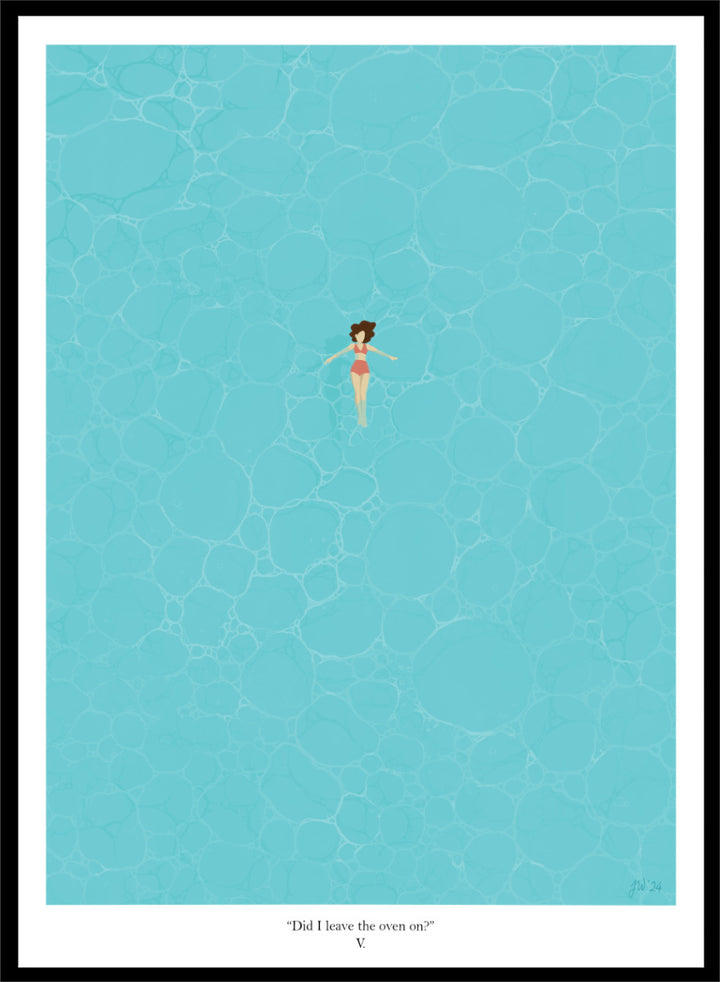 A minimalist art print featuring a small illustrated figure floating in a turquoise pool of water, with a black border and the caption &