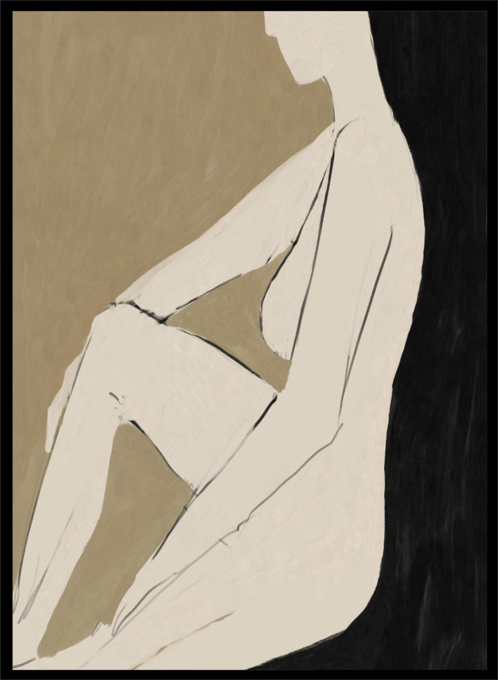 Shop Chill by Dan Hobday, a contemporary figurative art print featuring a relaxed seated figure, soft neutral tones, bold black forms, and minimal linework.