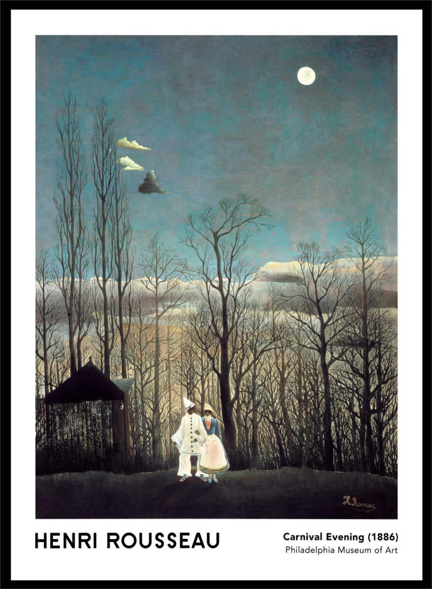 A framed art print of Henri Rousseau's 'Carnival Evening (1886)' painting, featuring a couple in a moonlit forest under a full moon. Carnival Evening by Henri Rousseau is a vintage landscape and portrait art print featuring a moonlit winter forest, costumed couple, bare trees, and deep blue sky.