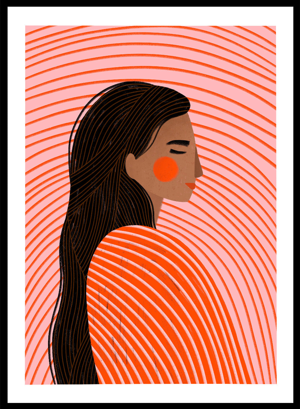 The Woman With the Lines by Bea Müller is an officially licensed art print featuring a modern illustrated portrait with bold curved lines. Available framed or unframed.