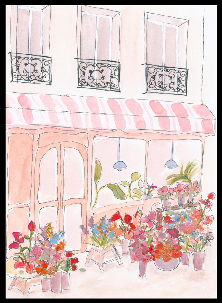 Illustration of a flower shop with a striped awning and flowers in front. Pink Flower Shop by Katharina Puritscher features a Paris-inspired storefront illustration with colorful bouquets, soft watercolor textures, and European street details. Floral art print with optional framing.
