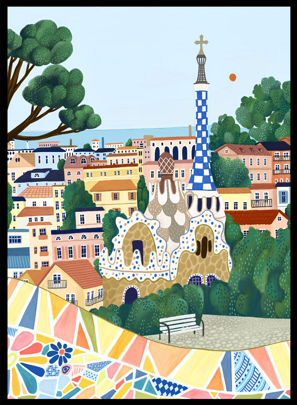 Park Güell Barcelona Spain Colorful Buildings Travel City Art Print | Coastal Landscape Illustration, Europe Architecture Travel Poster 